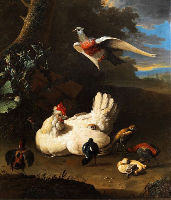 Una gallina y sus pollitos con una paloma volando cerca de un árbol – Melchior d’Hondecoeter Melchior d'Hondecoeter 2025-01-02