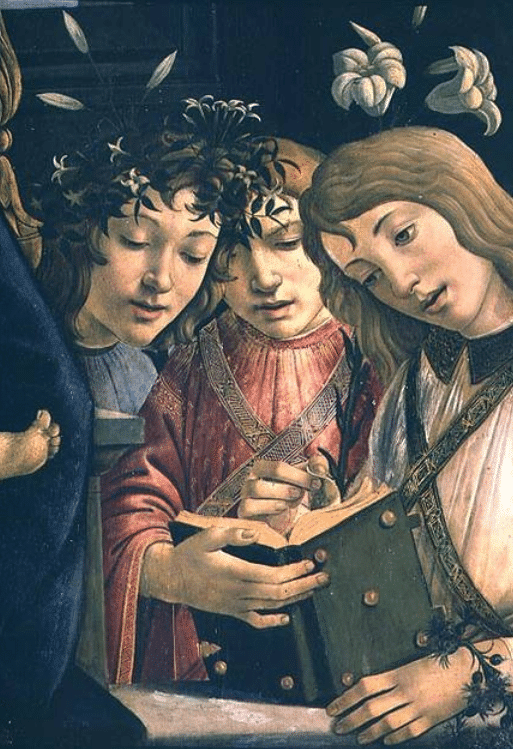 Madonna y niño con el joven San Juan Bautista y ángeles: detalle mostrando tres ángeles – Sandro Botticelli Sandro Botticelli 2024-11-21