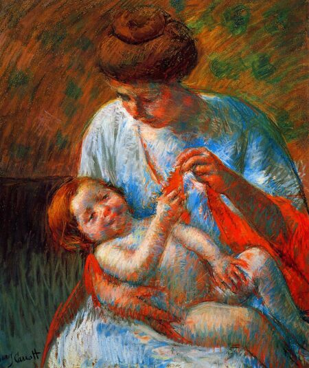 Bebé acostado en las rodillas de su madre, extendiendo la mano para sostener una bufanda – Mary Cassatt Mary Cassatt 2024-12-28