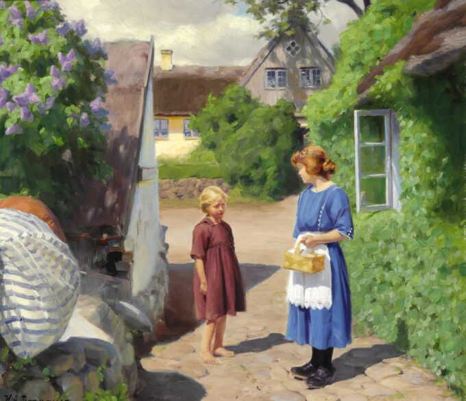 Día de verano en Jyllinge. Lila en flor y niñas pequeñas en la calle del pueblo – Hans Andersen Brendekilde Andersen Brendekilde 2024-09-20