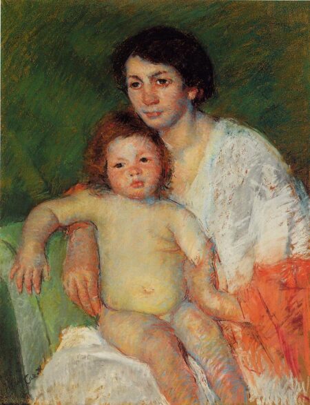 Bebé desnudo en las rodillas de su madre, el brazo apoyado en el respaldo de la silla – Mary Cassatt Mary Cassatt 2024-12-28