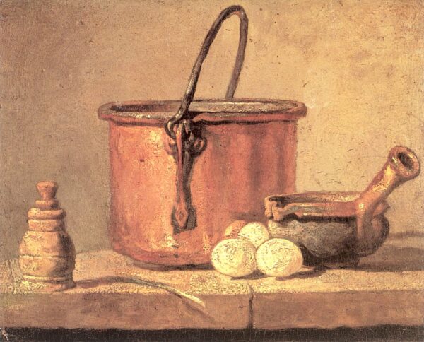 Naturaleza muerta de utensilios de cocina, caldero, cacerola y huevos – Jean Siméon Chardin Jean Siméon Chardin 2024-12-22