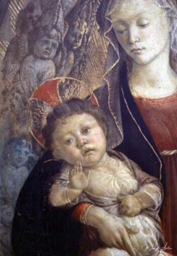 La Virgen y el Niño en gloria, detalle del Niño, 1468 (tempera sobre panel) (detalle de 85673) – Sandro Botticelli Sandro Botticelli 2025-05-19