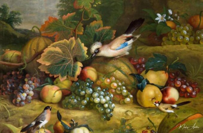 Naturaleza muerta con frutas, un arrendajo y jilgueros en un paisaje – Tobias Stranover Tobias Stranover 2025-05-05