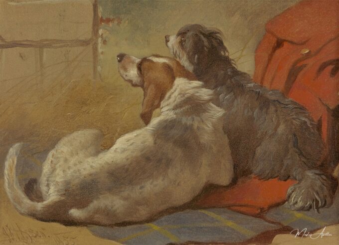 Un perro de caza y un collie barbudo sentado sobre un abrigo de caza – John Frederick Herring Snr John Frederick Herring Sr 2025-03-15 2