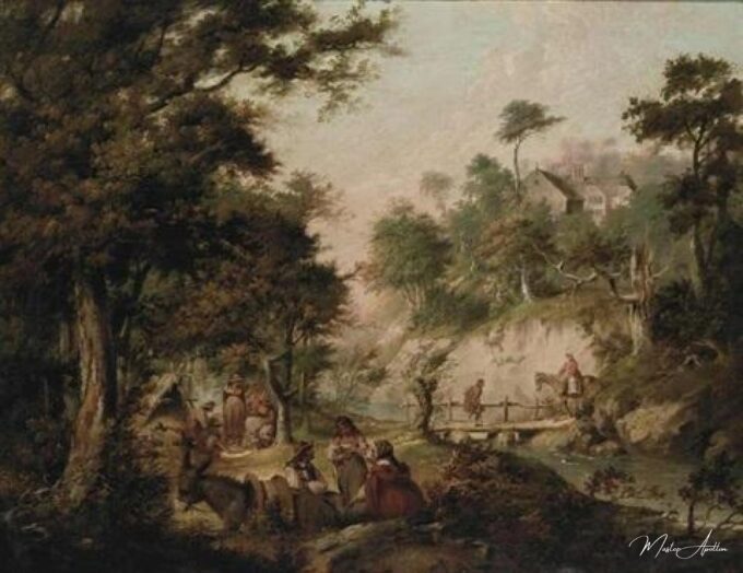 Un paisaje boscoso con gitanos fuera de una tienda, personajes sobre un puente de madera y una casa más allá – Nicolas Bernard Lépicié Nicolas Bernard Lépicié 2025-05-09