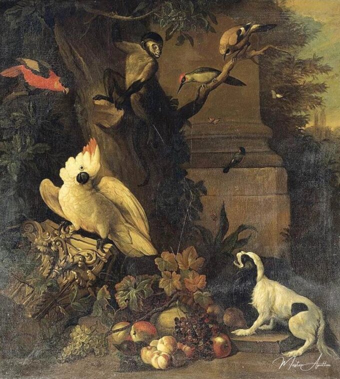 Un mono, un perro y diversos pájaros en un paisaje – Tobias Stranover Tobias Stranover 2025-05-05
