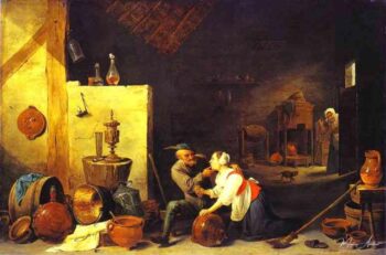 Un viejo campesino acaricia a una cocinera en un establo – David el Joven Teniers David Teniers el Joven 2025-05-14